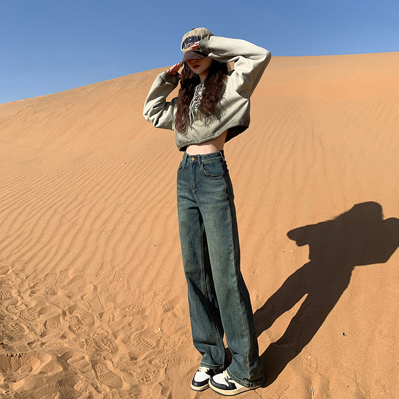 Cement Gray Narrow Wide Leg Jeans Women's Retro Winter Velvet Thickened Nostalgic Color Small Straight Pants