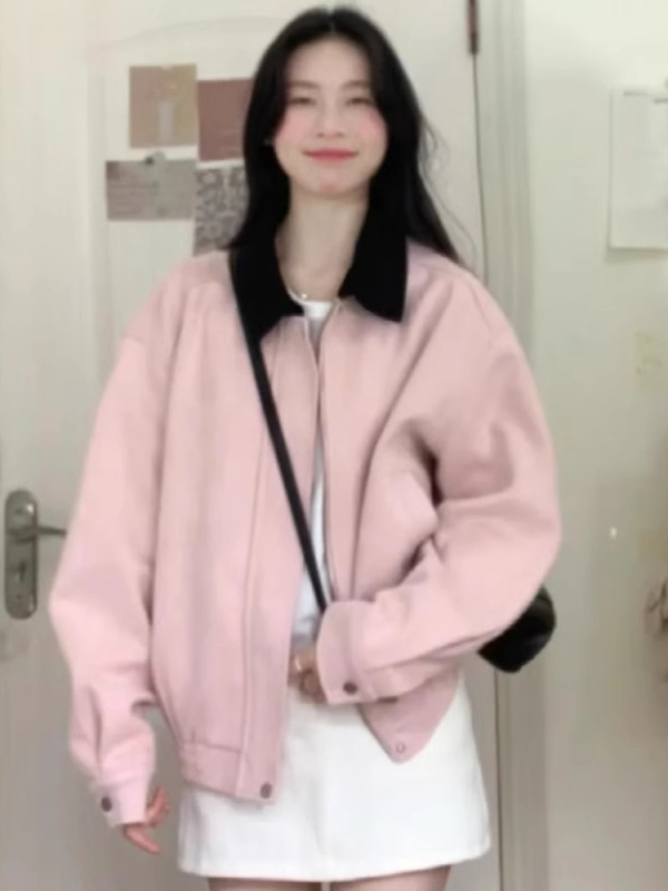 Pink lapel unique super good-looking coat women's new spring and autumn American retro baseball uniform casual jacket