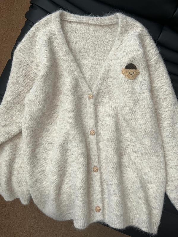 Already shipped cute bear V-neck knitted cardigan sweater for women autumn loose casual lazy jacket