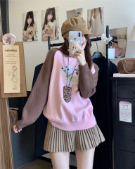 Actual shot~Autumn new long-sleeved hooded sweater, loose and slim, contrasting color sweater top