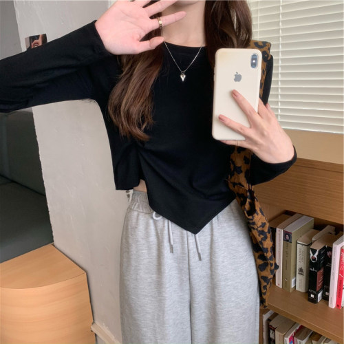 Milk silk autumn Korean style irregular design long-sleeved T-shirt women's chic student tops women's bottoming shirt