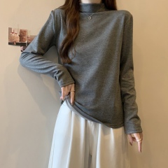 Large size autumn and winter German velvet half turtleneck bottoming shirt for women with mid-collar long sleeves and a right shoulder T-shirt that can be worn outside