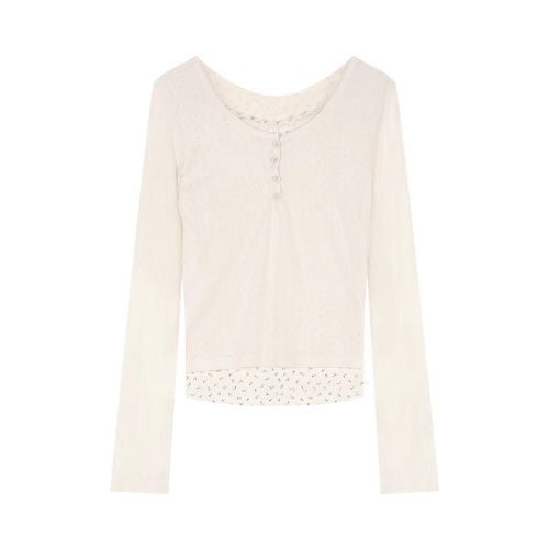 Designed small floral fake two-piece long-sleeved T-shirt for women in autumn and winter apricot color inner slim-fitting bottoming shirt short top