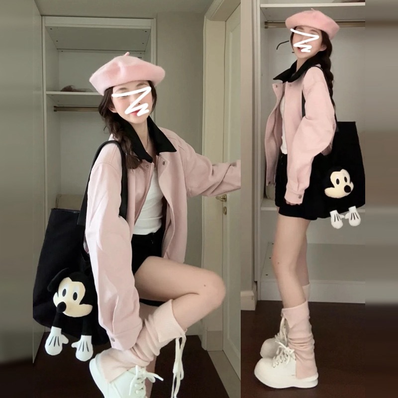 Spot Japanese sweet lazy style retro contrasting color lapel work jacket new trendy loose short jacket