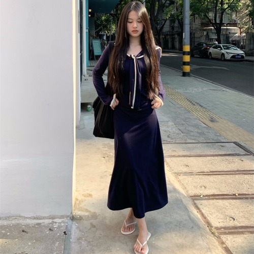 Contrast color navy collar dress, preppy style waist slimming long sleeve a-line dress for women