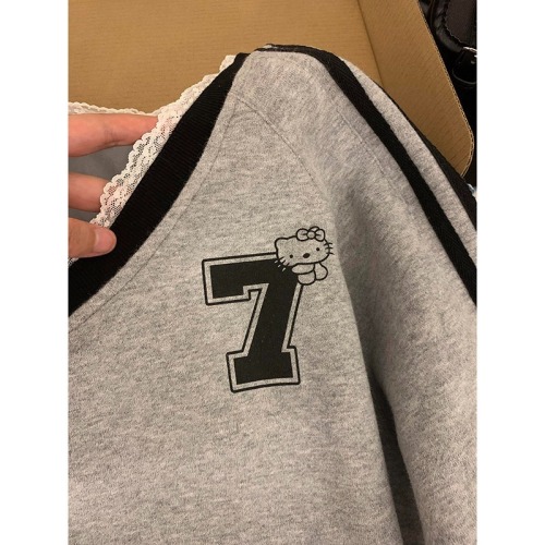 2024 new heavyweight high-count high-density cotton Korean jersey style casual sweatshirt for women with lace trim and contrasting color long-sleeved tops