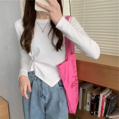 Milk silk autumn Korean style irregular design long-sleeved T-shirt women's chic student tops women's bottoming shirt