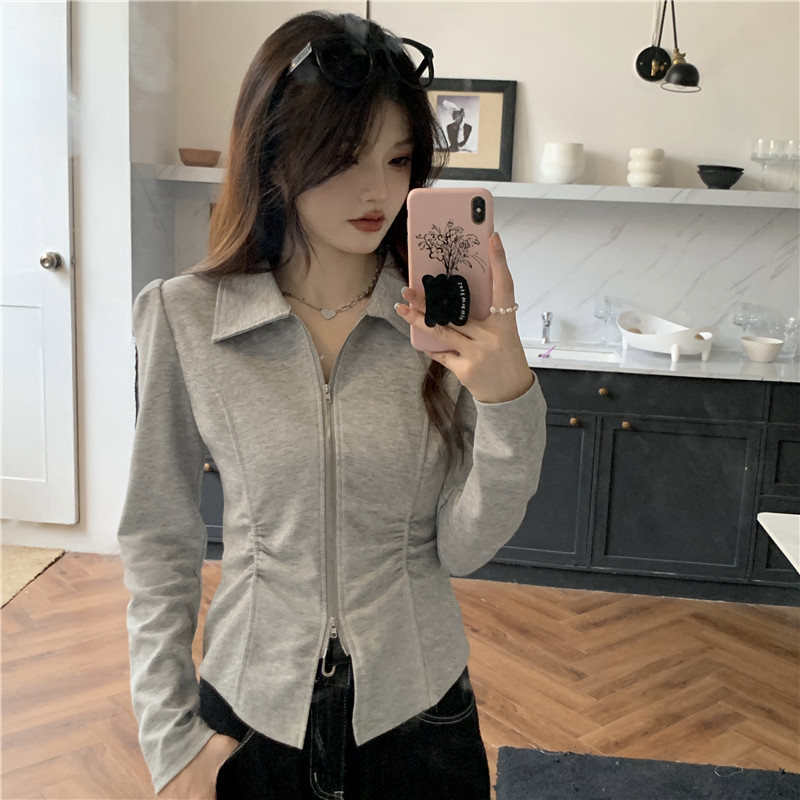 Early autumn large size design lapel irregular slim long-sleeved top