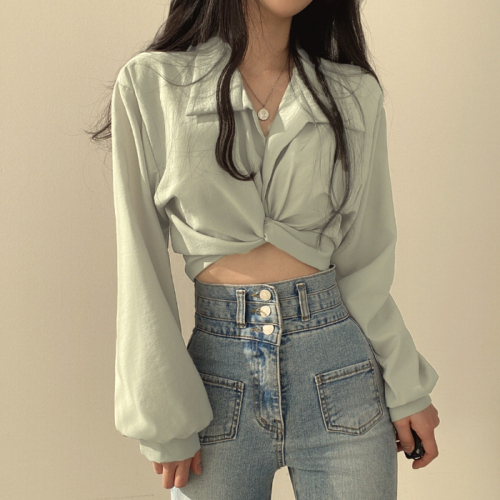 French chic summer French niche design back tie bow knot exposed navel short shirt top for women