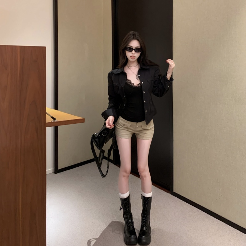 Waist shirt lapel top jacket + retro hot girl cargo shorts + lace suspenders