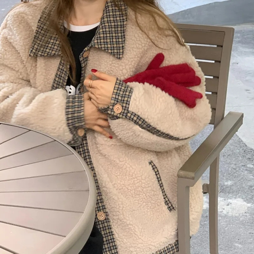 Imitation lamb wool coat for women, retro plaid splicing, autumn and winter new Korean style loose double layer thickened cotton top