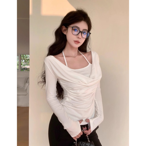 Pure lust style halterneck fake two-piece autumn short bottoming long-sleeved T-shirt for women