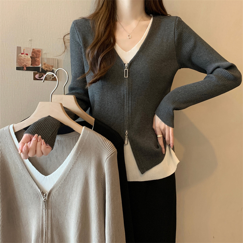 Spot real shot plus size women's autumn clothing new Korean version fake two-piece sweater tops