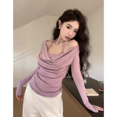 Pure lust style halterneck fake two-piece autumn short bottoming long-sleeved T-shirt for women