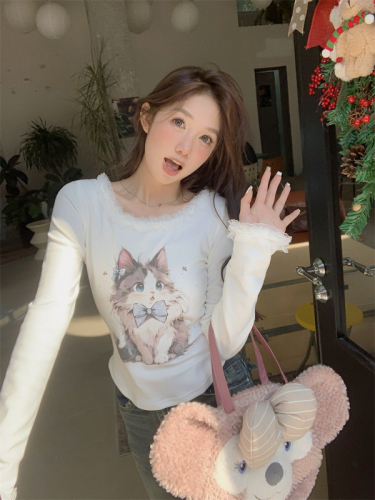 DeRong sweet lace fungus cat print top autumn 2024 new slim fit long-sleeved T-shirt