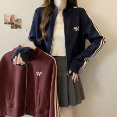 Large size American retro college style hottie short zipper cardigan sweatshirt women's stand collar casual jacket top