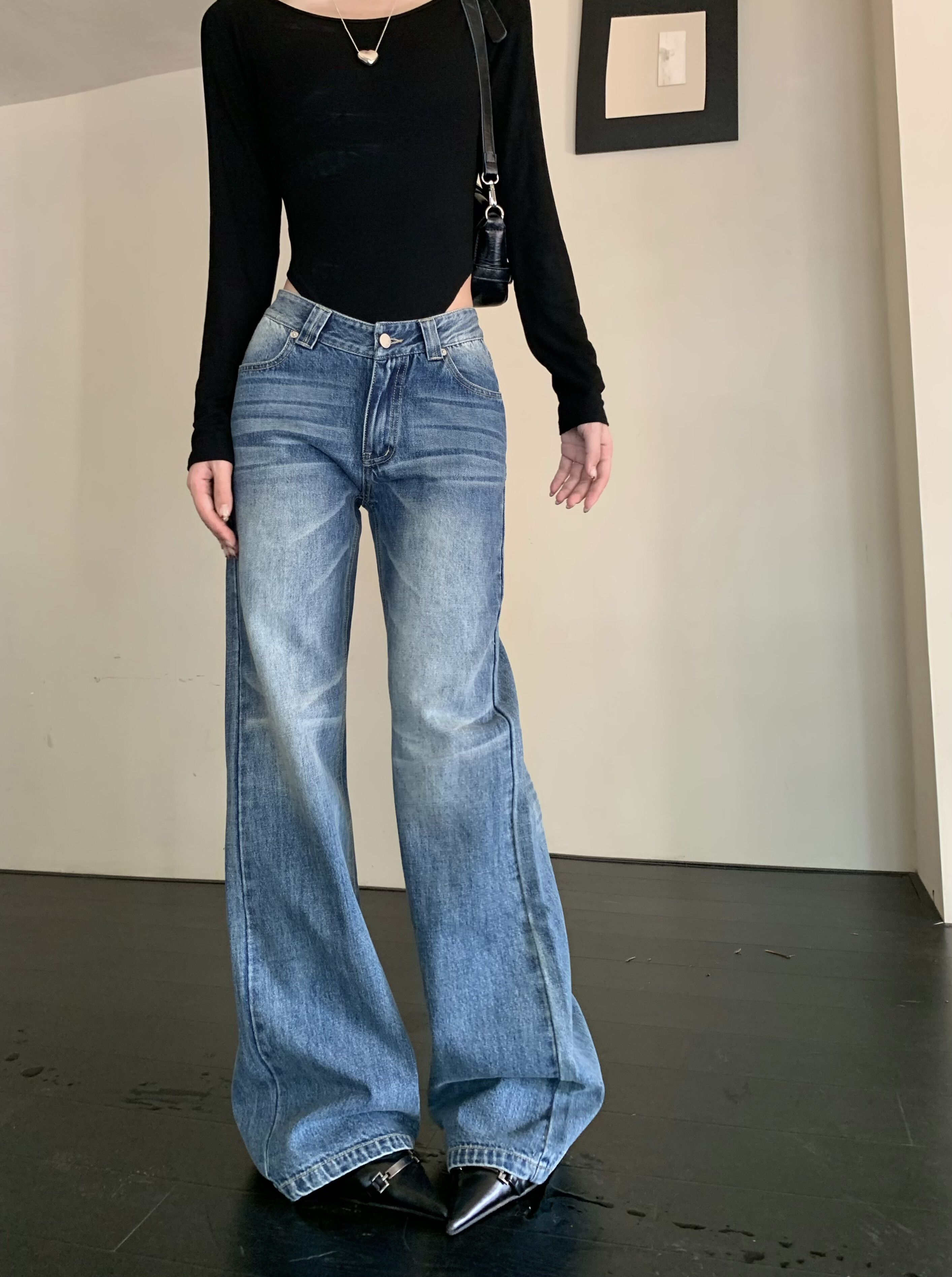 Real shot!  American low-waisted jeans for women in autumn new retro wide-leg versatile slimming casual pants