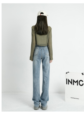 Nostalgic straight-leg jeans for women, new spring and autumn high-waist slim cigarette tube trousers for women