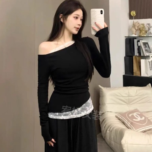 Modal rayon 260 original method lace oblique shoulder long-sleeved T-shirt women 2024 early autumn hot girl sexy top