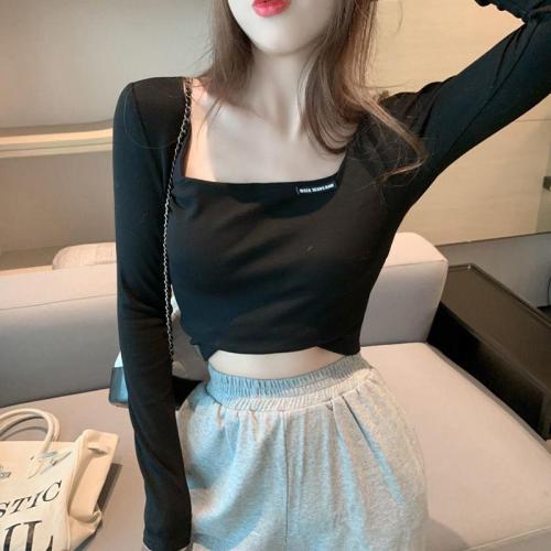 Milk silk square neck embroidered long-sleeved T-shirt for women autumn slim-fitting short navel-baring bottoming shirt slim-fitting top