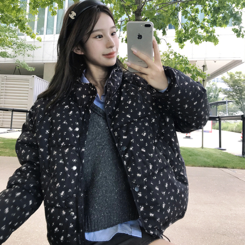 Korean pastoral style small floral down cotton coat for women 2024 stand collar small person cotton coat winter coat