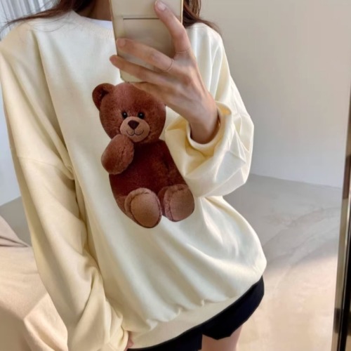 Korean style thin bear print pullover sweatshirt for women, lazy style long-sleeved top and velvet jacket