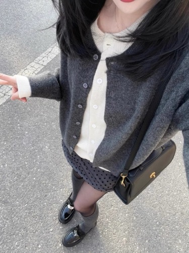 Grey False Two-Piece Knit Cardigan Women's Spring Round Neck Slim Fit Versatile Design Sense Splicing Top