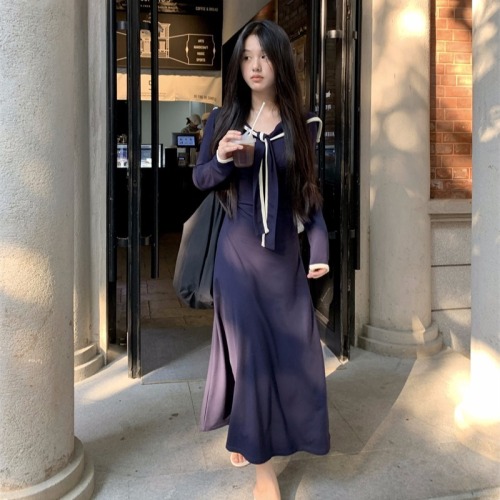 Contrast color navy collar dress, preppy style waist slimming long sleeve a-line dress for women