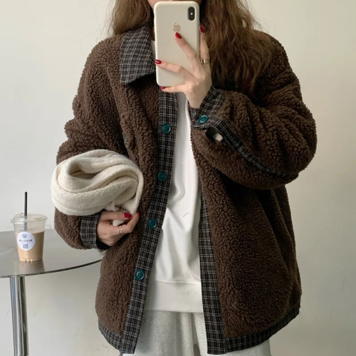 Imitation lamb wool coat for women, retro plaid splicing, autumn and winter new Korean style loose double layer thickened cotton top