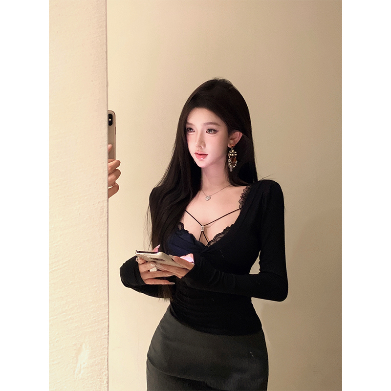 Abstinence pure desire V-neck black lace bra long-sleeved temperament top