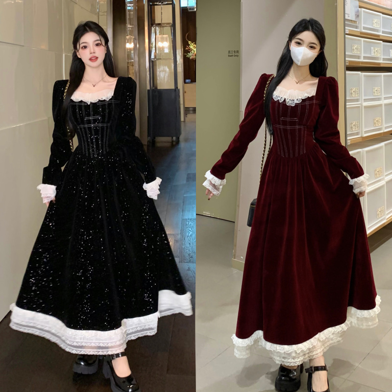 Plus size berry sweetheart retro Christmas annual party sweet velvet lace splicing age-reducing long and short slim dress