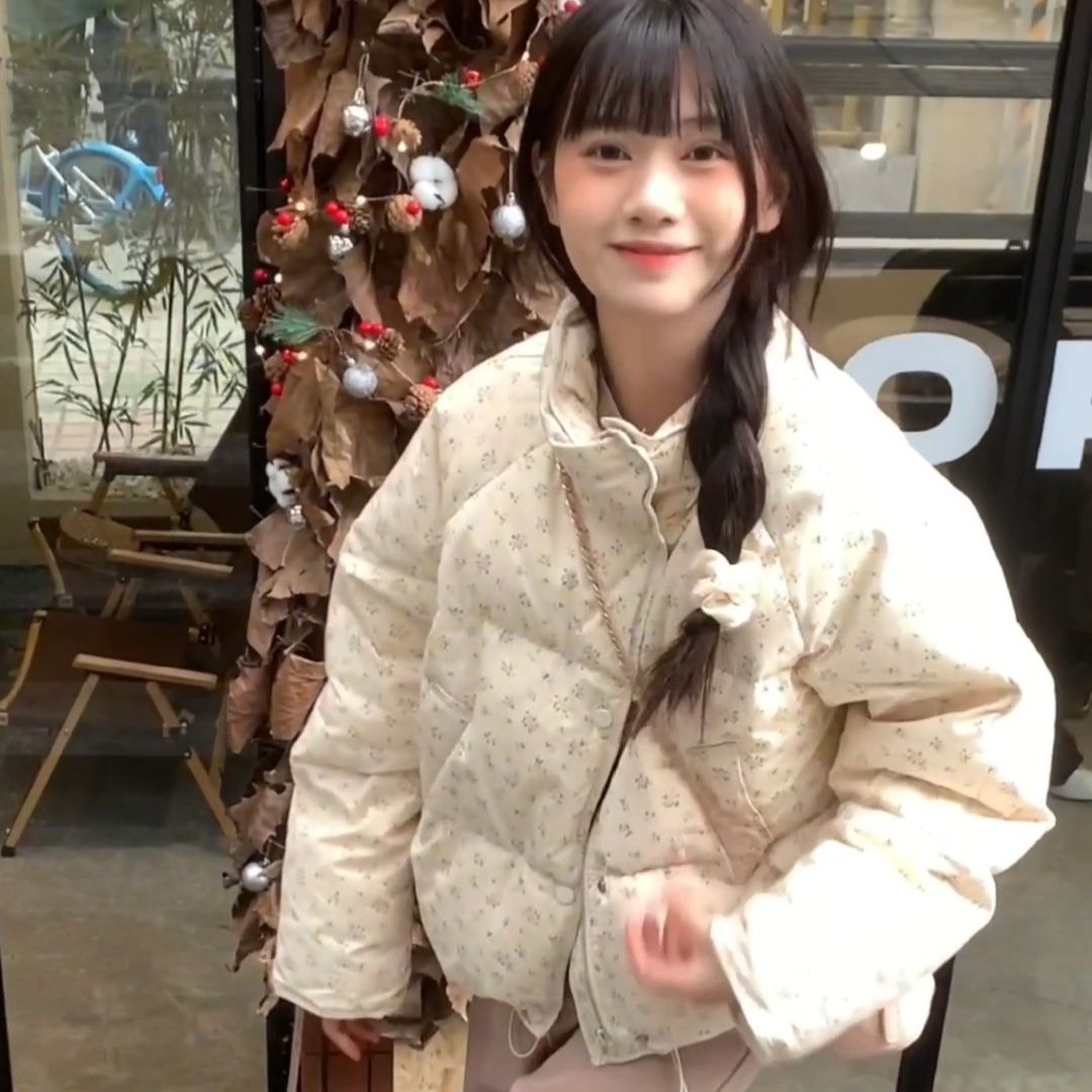 American short style fufu floral bread cotton coat for women winter oversize loose warm thickened coat cotton coat
