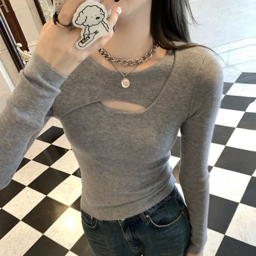 European right shoulder small slim bottoming shirt for women with autumn and winter design niche slim long-sleeved T-shirt top