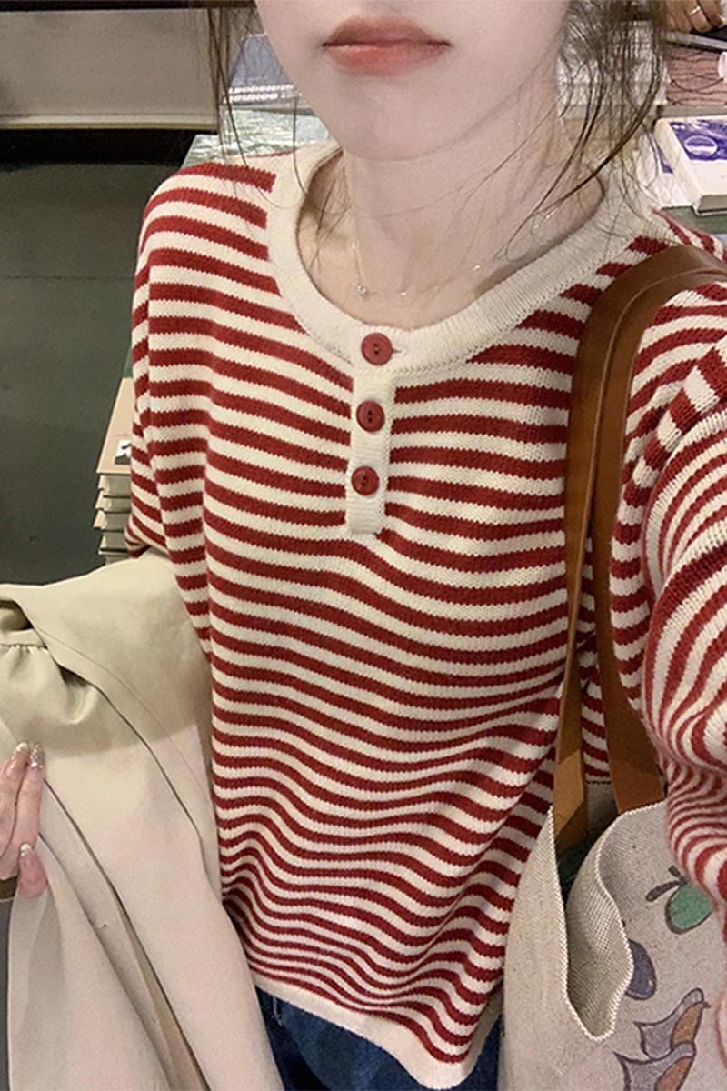 New 2024 Stylish Lazy Red Striped Sweater for Women, Early Autumn Top for Layering and Underwear, Suitable for Petite Figures