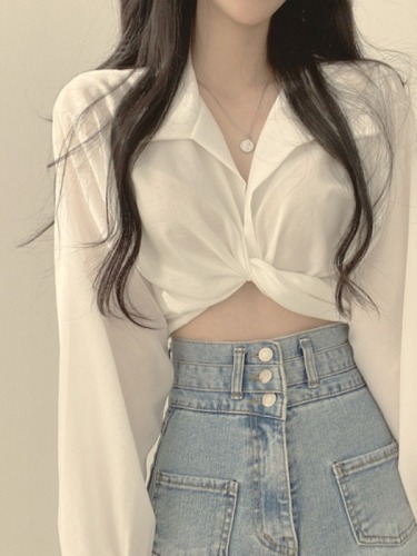 French chic summer French niche design back tie bow knot exposed navel short shirt top for women