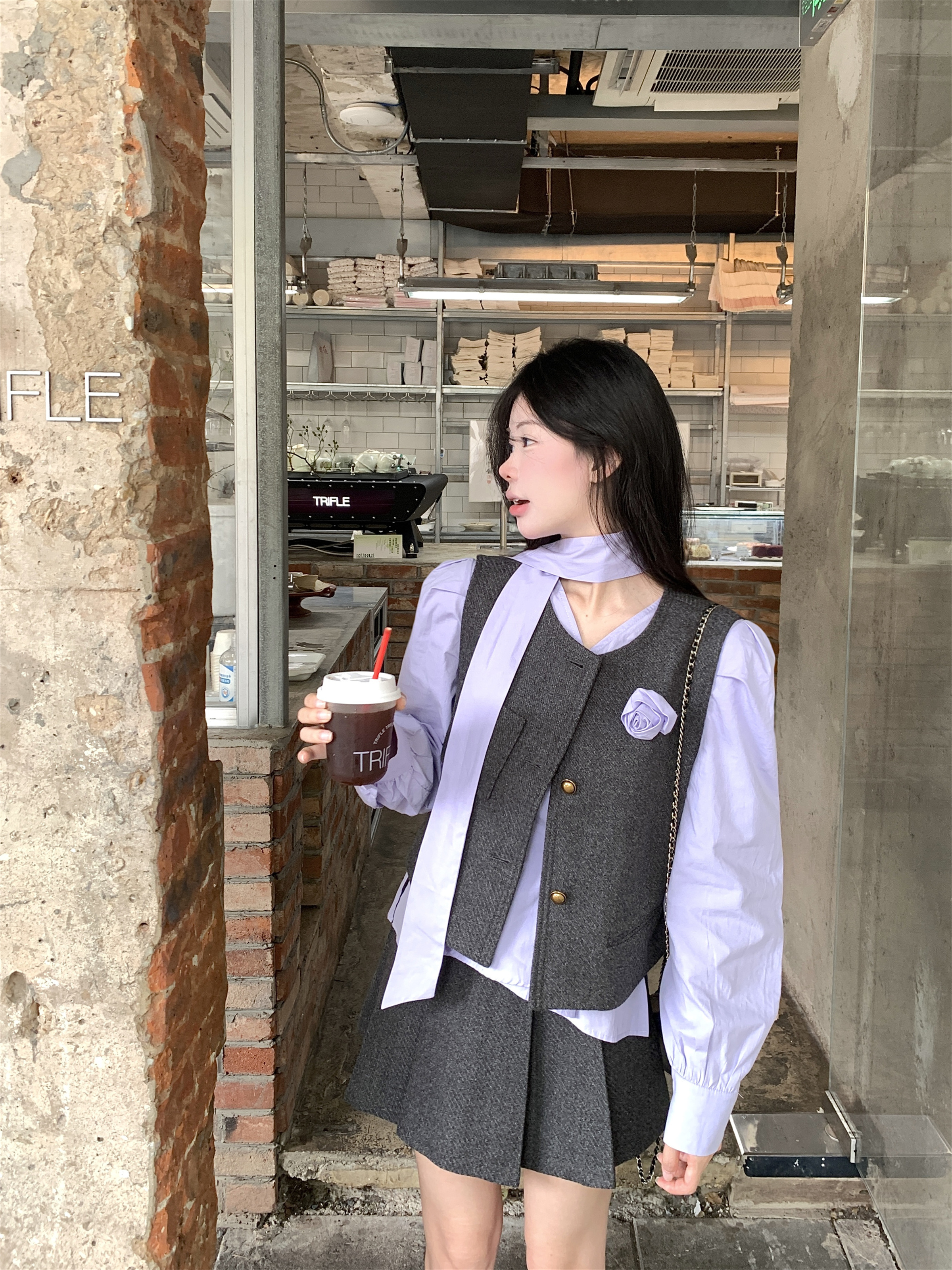 Lifestyle: women's purple V-neck blouse, layered with a vest, autumn pleated skirt set, three-piece set, real photo
