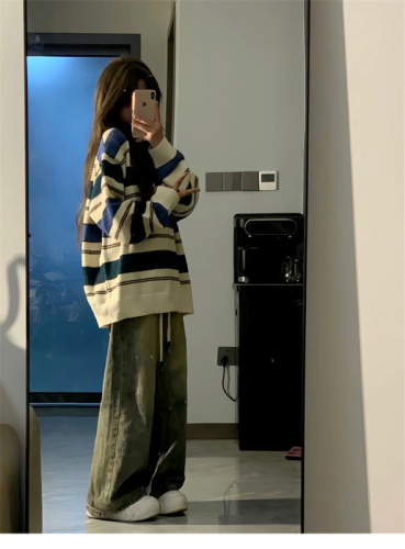 Japanese retro striped soft waxy sweater for women in autumn loose college style advanced relaxed casual knitted top fashion