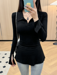 Cainuo early autumn style lapel hot girl right shoulder trumpet long sleeve slit polo collar long sleeve T-shirt slim fit top