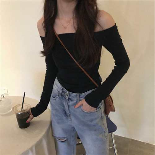 Threaded one-shoulder top for women, autumn design, niche short T-shirt, hot girl long-sleeved bottoming shirt