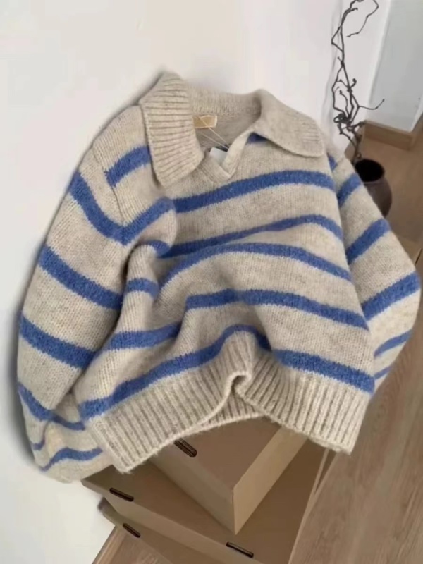 Contrast striped sweater jacket for women in autumn and winter new style retro lazy style versatile knitted cardigan