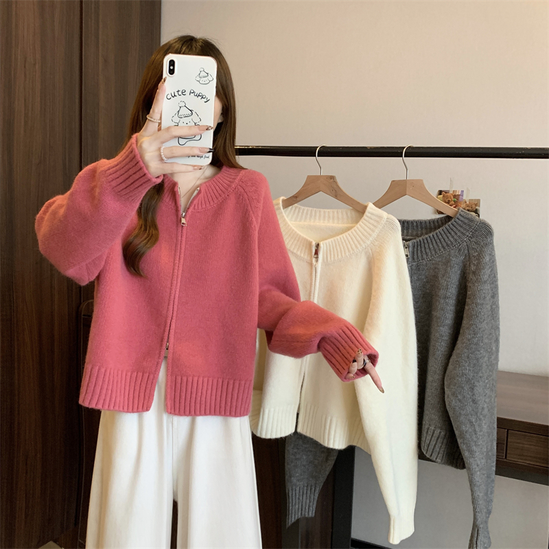 Plus size women's 2024 autumn new fashion loose simple zipper long-sleeved tops and sweaters