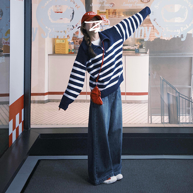 Blue striped half-zip sweater jacket for women early autumn new style lazy style knitted loose casual top