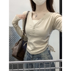 Actual shot of autumn and winter Korean style half-open collar button contrast fake two-piece drawstring slimming long-sleeved inner T-shirt top