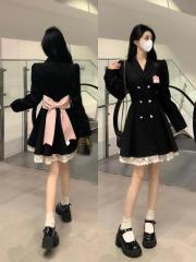 Plus size sweet and cool college style bow waist lace splicing suit dress