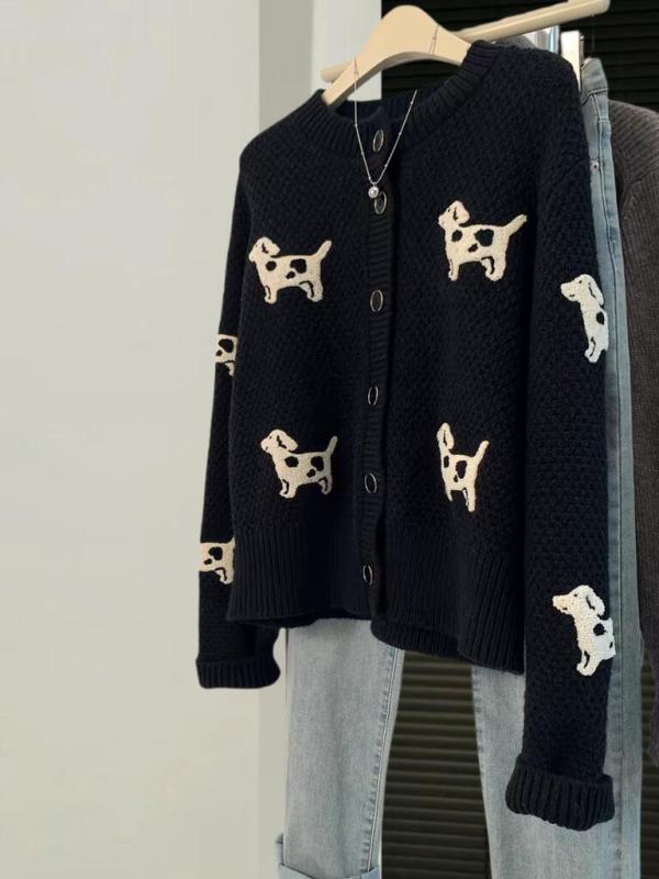 Black puppy sweater jacket for women in autumn and winter, high-end, lazy, soft and waxy knitted cardigan, thickened short top