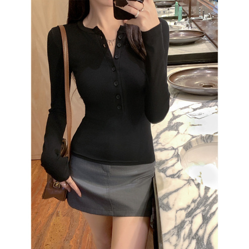 American half open collar right shoulder mid-sleeve T-shirt for women 2024 new hot girl chic slim fit top