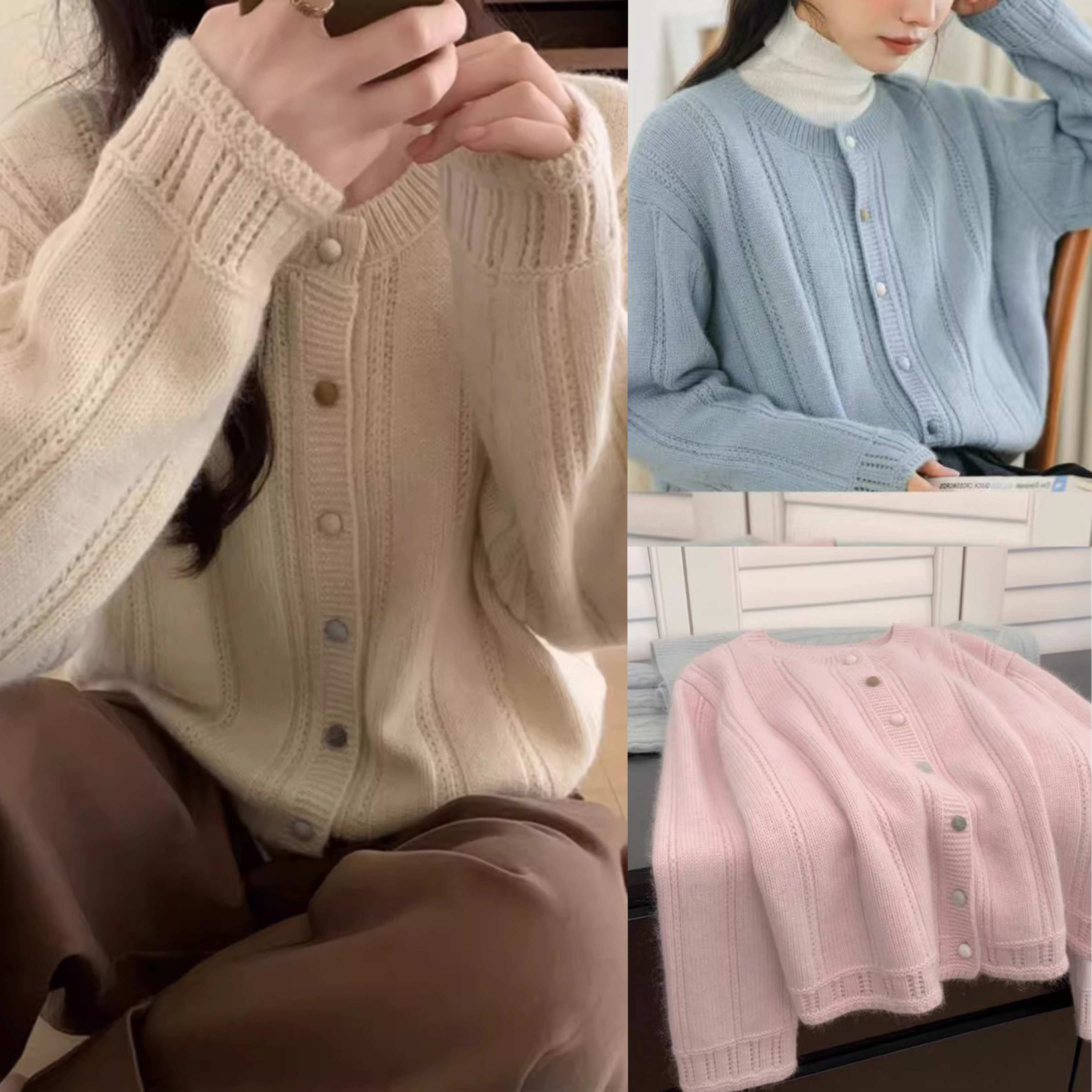 2024 Xiaoxiangfeng raccoon velvet knitted cardigan for women spring and autumn lazy style soft and waxy short sweater jacket outer top