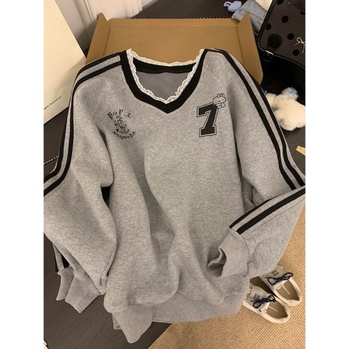 2024 new heavyweight high-count high-density cotton Korean jersey style casual sweatshirt for women with lace trim and contrasting color long-sleeved tops