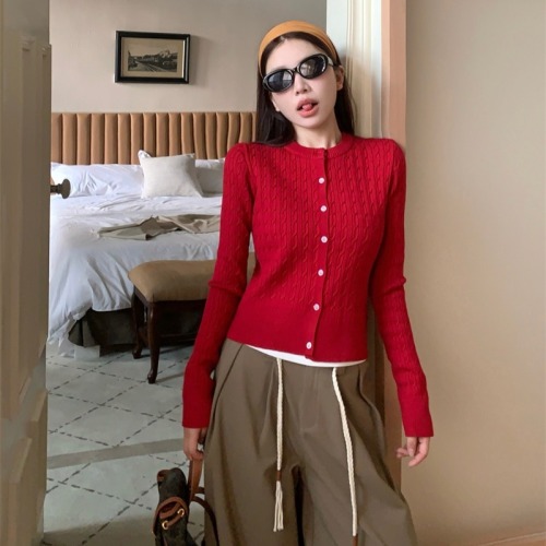 Knitted cardigan women's outer top short long-sleeved red elegant sweater jacket + white top