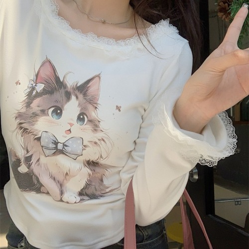 DeRong sweet lace fungus cat print top autumn 2024 new slim fit long-sleeved T-shirt